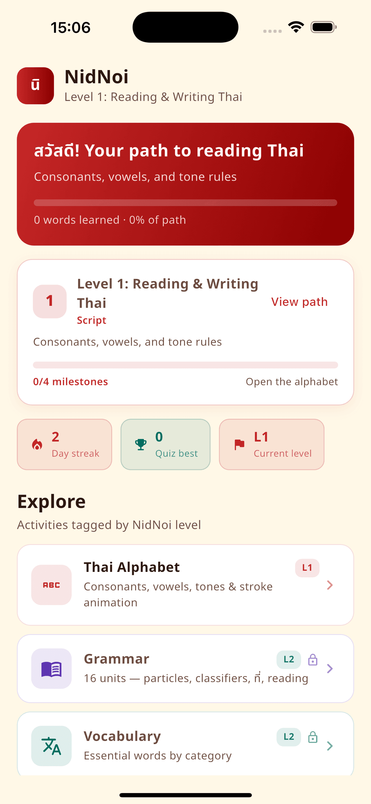 NidNoi app home screen showing the learning path and explore sections